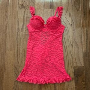 Y2k Victoria’s Secret hot pink mesh heart print lace padded chemise slip